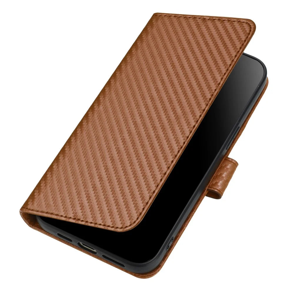 YX0070 For Samsung Galaxy A14 4G / 5G Leather Case Carbon Fiber Texture Flip Phone Cover - Coffee - 5