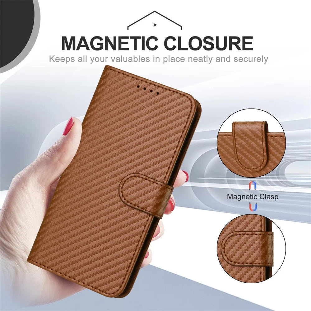 YX0070 For Samsung Galaxy A14 4G / 5G Leather Case Carbon Fiber Texture Flip Phone Cover - Coffee - 7