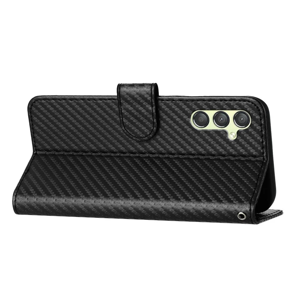 YX0070 For Samsung Galaxy A24 4G (162.1 X 77.6 X 8.3mm) Phone Case Carbon Fiber Texture Leather Wallet Cover - Black - 4