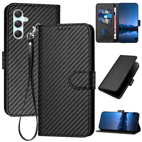 YX0070 For Samsung Galaxy A34 5G Case PU Leather Carbon Fiber Texture Cash Pocket Phone Cover - Black - 1