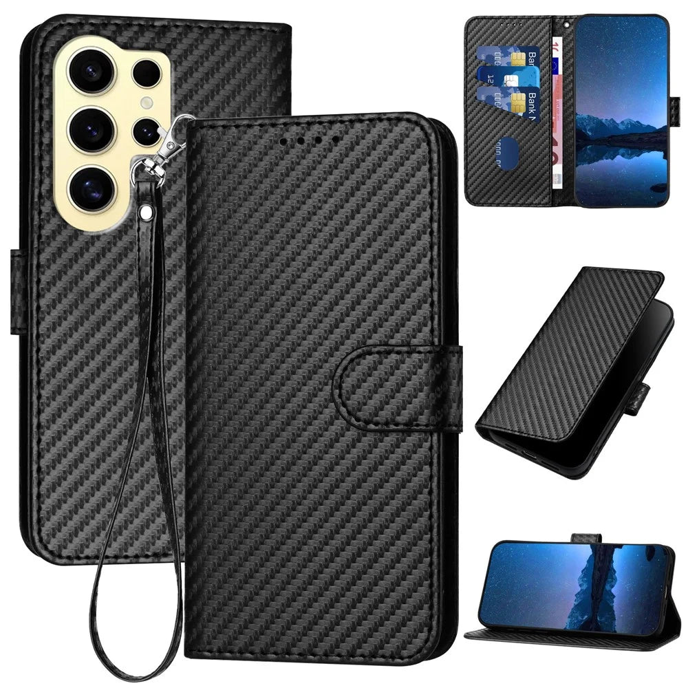YX0070 For Samsung Galaxy S24 Ultra Case Wallet Leather Phone Cover Carbon Fiber Texture - Black - 1