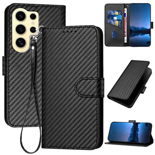 YX0070 For Samsung Galaxy S24 Ultra Case Wallet Leather Phone Cover Carbon Fiber Texture - Black - 1