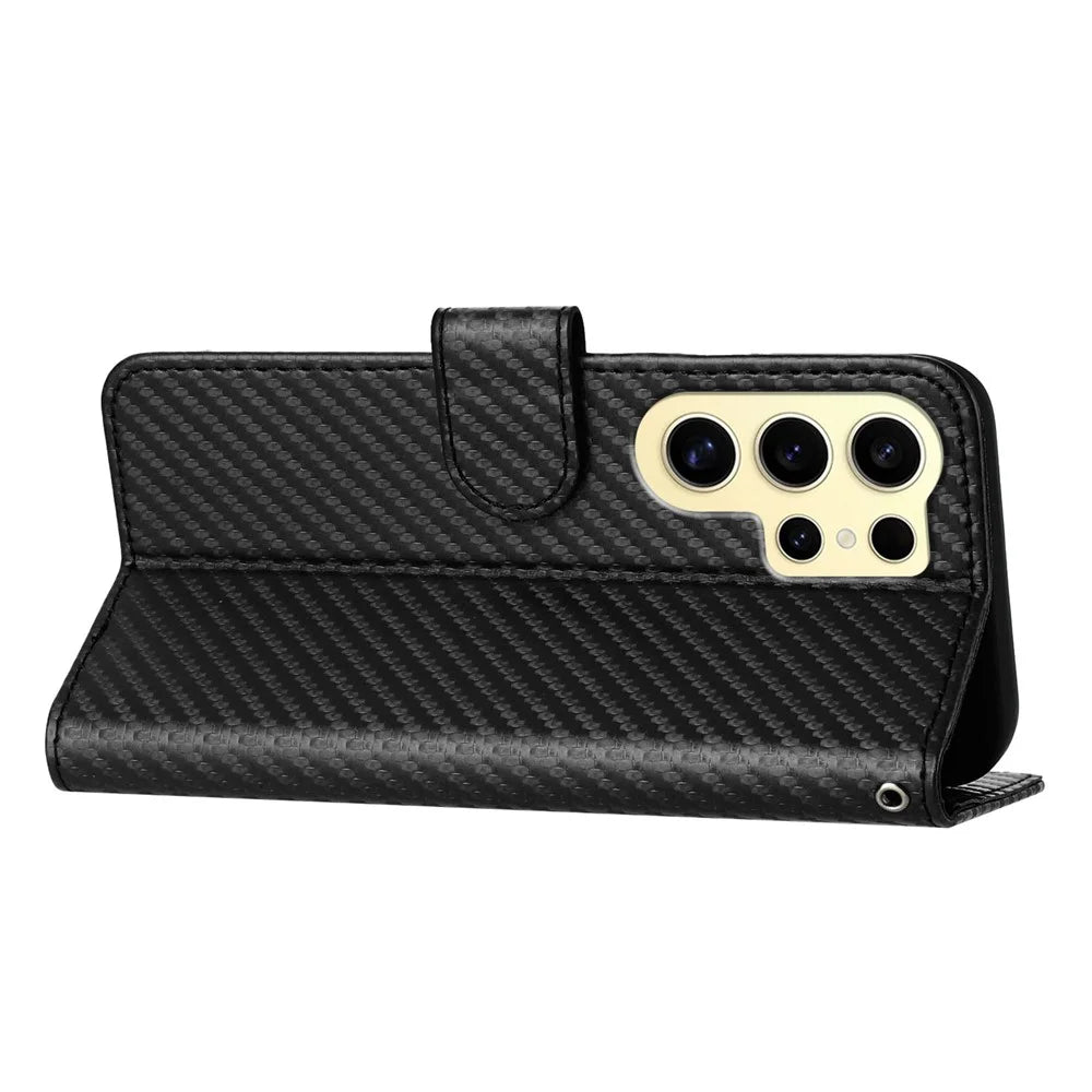 YX0070 For Samsung Galaxy S24 Ultra Case Wallet Leather Phone Cover Carbon Fiber Texture - Black - 4
