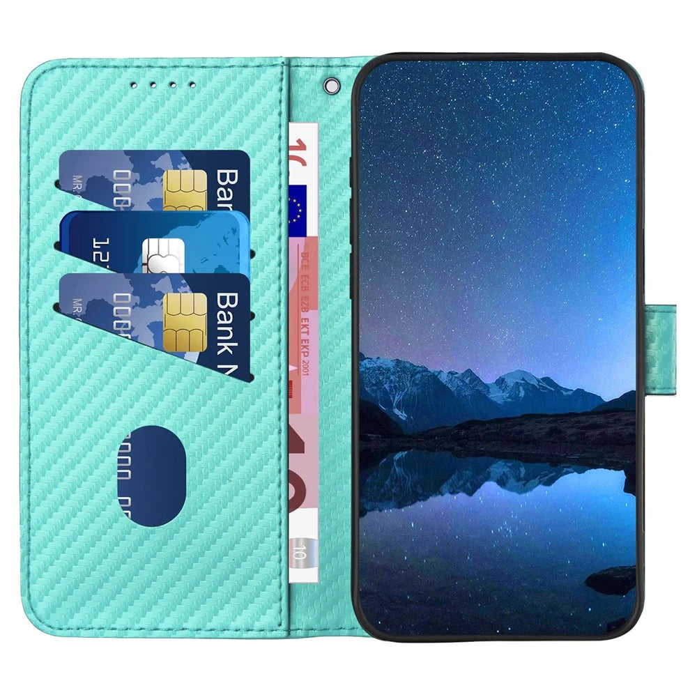 YX0070 For Samsung Galaxy S23 FE Carbon Fiber Folio Case PU Leather Stand View Protective Phone Cover - Baby Blue - 2
