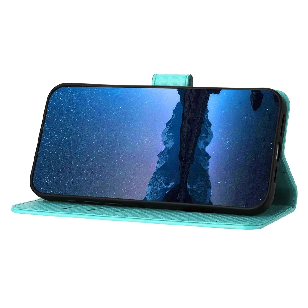 YX0070 For Samsung Galaxy S23 FE Carbon Fiber Folio Case PU Leather Stand View Protective Phone Cover - Baby Blue - 3