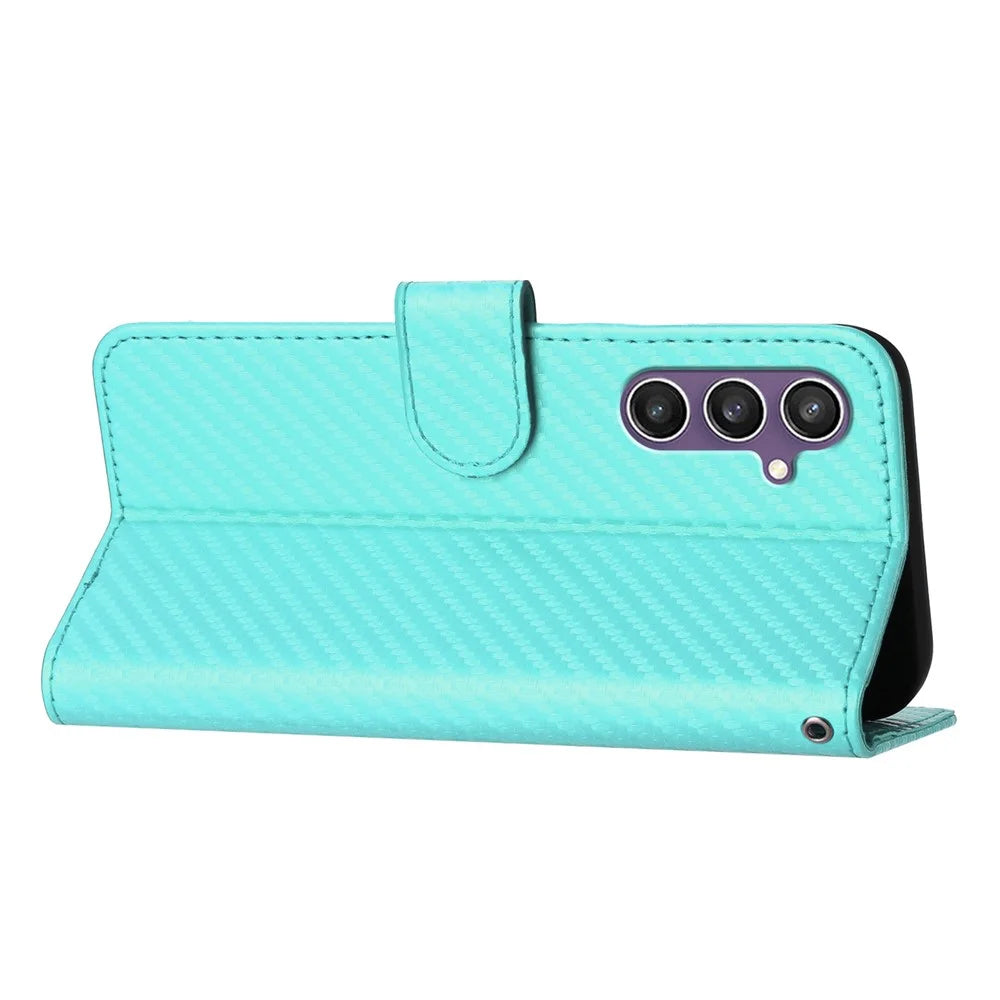 YX0070 For Samsung Galaxy S23 FE Carbon Fiber Folio Case PU Leather Stand View Protective Phone Cover - Baby Blue - 4
