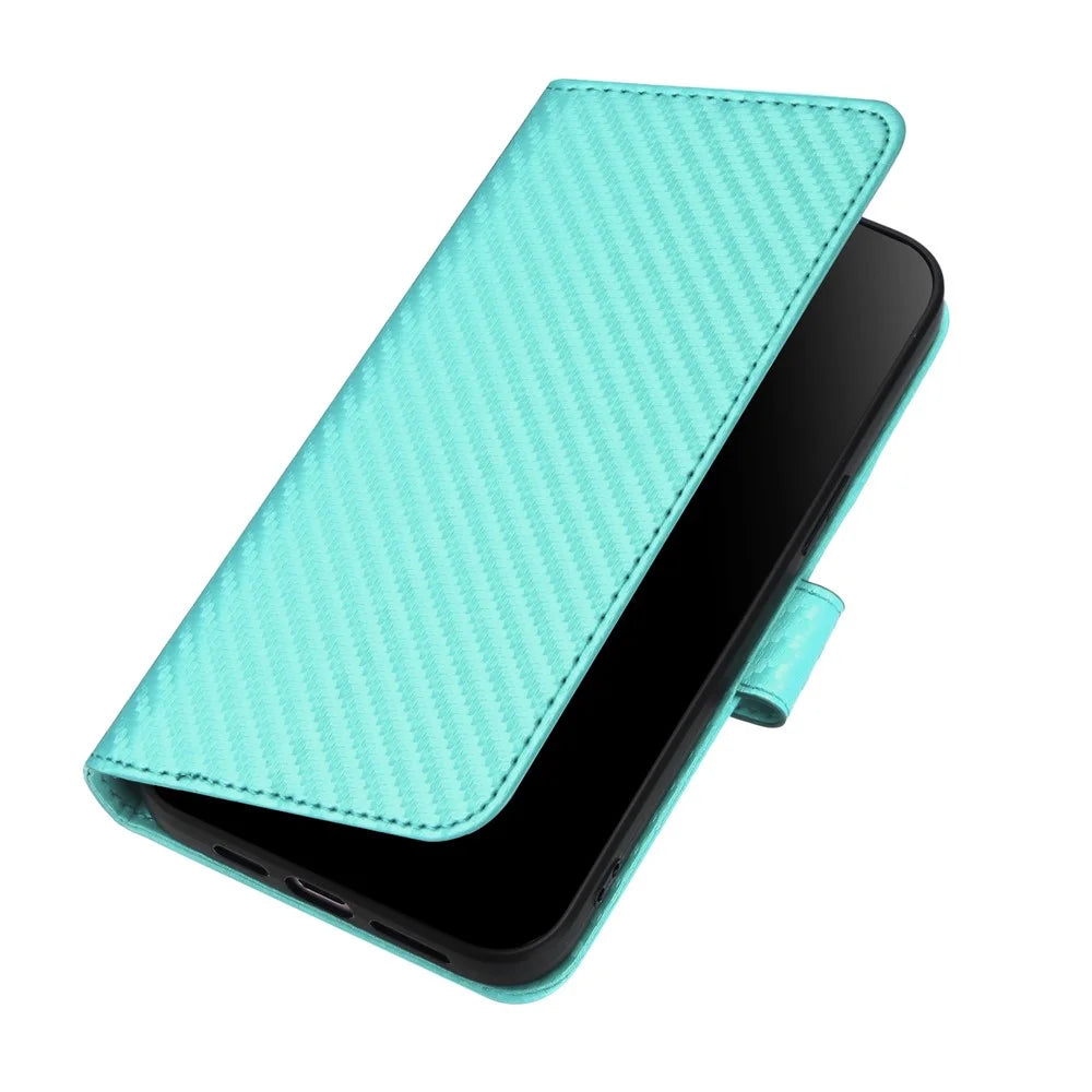 YX0070 For Samsung Galaxy S23 FE Carbon Fiber Folio Case PU Leather Stand View Protective Phone Cover - Baby Blue - 5