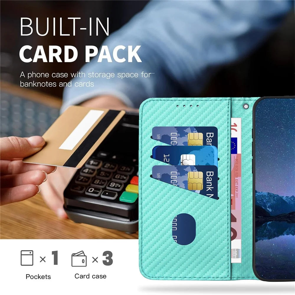YX0070 For Samsung Galaxy S23 FE Carbon Fiber Folio Case PU Leather Stand View Protective Phone Cover - Baby Blue - 6