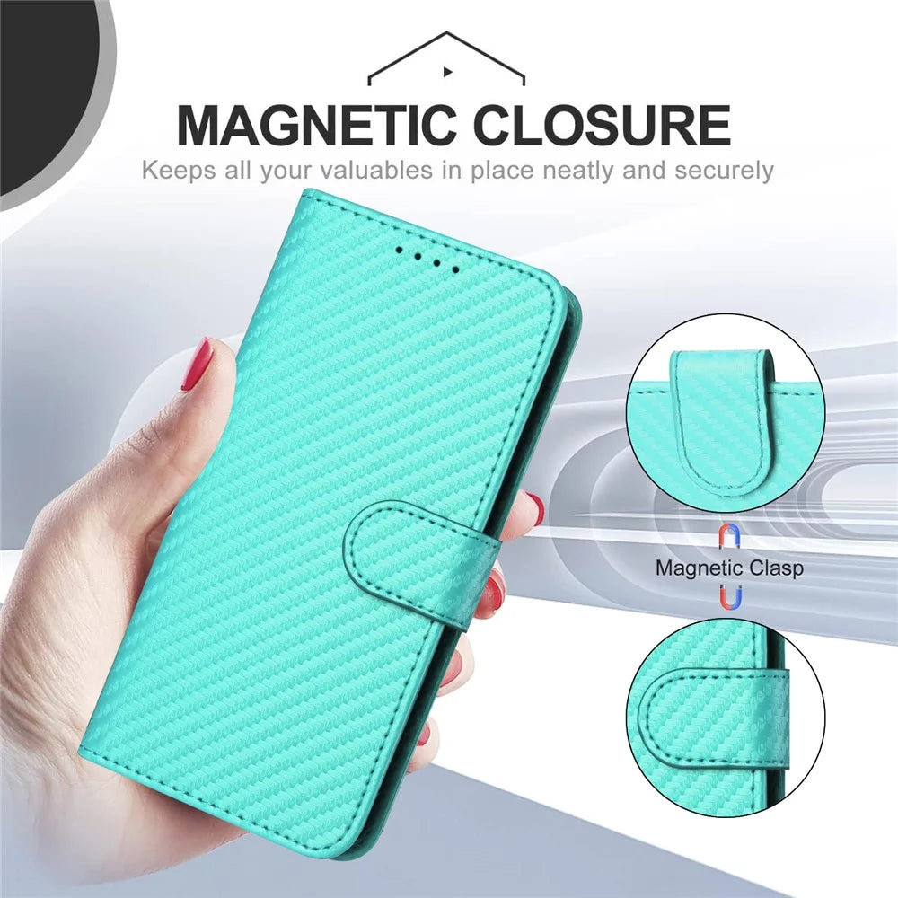 YX0070 For Samsung Galaxy S23 FE Carbon Fiber Folio Case PU Leather Stand View Protective Phone Cover - Baby Blue - 7