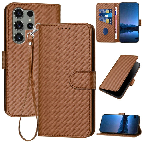 YX0070 For Samsung Galaxy S23 Ultra Case PU Leather Carbon Fiber Texture Flip Phone Cover - Coffee - 1