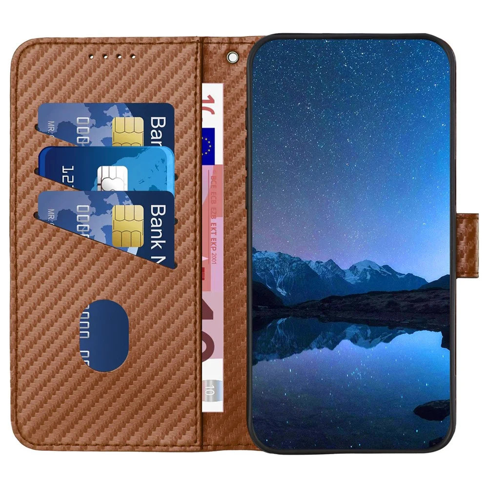 YX0070 For Samsung Galaxy S23 Ultra Case PU Leather Carbon Fiber Texture Flip Phone Cover - Coffee - 2