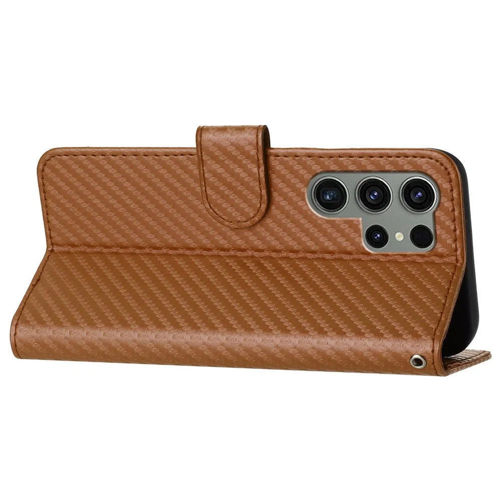 YX0070 For Samsung Galaxy S23 Ultra Case PU Leather Carbon Fiber Texture Flip Phone Cover - Coffee - 4