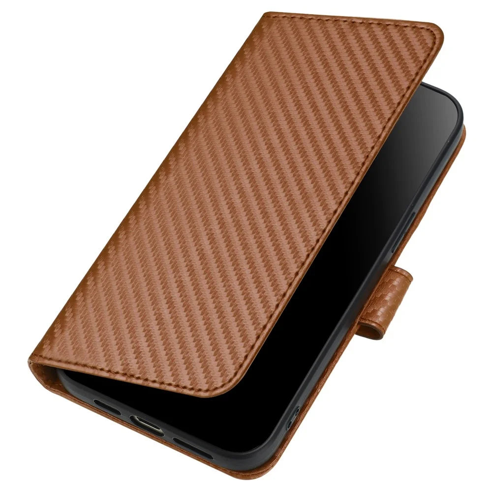 YX0070 For Samsung Galaxy S23 Ultra Case PU Leather Carbon Fiber Texture Flip Phone Cover - Coffee - 5