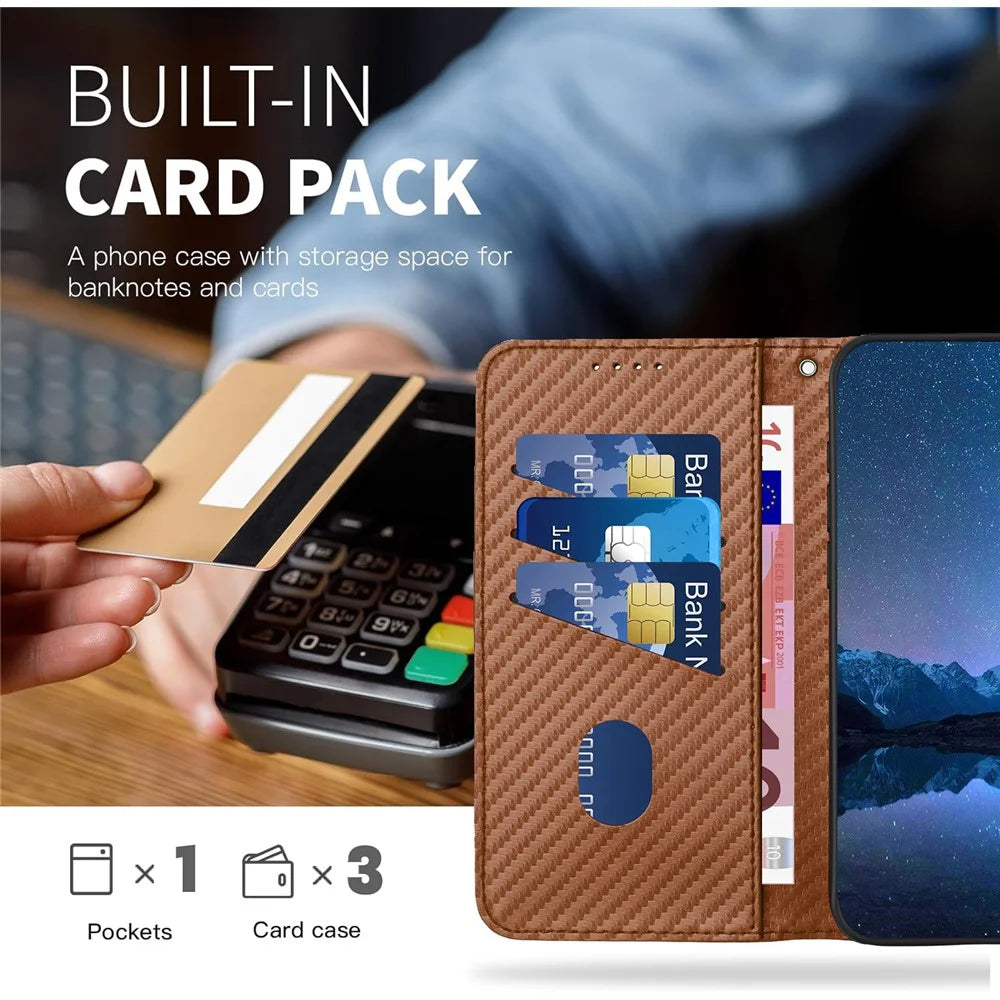 YX0070 For Samsung Galaxy S23 Ultra Case PU Leather Carbon Fiber Texture Flip Phone Cover - Coffee - 6