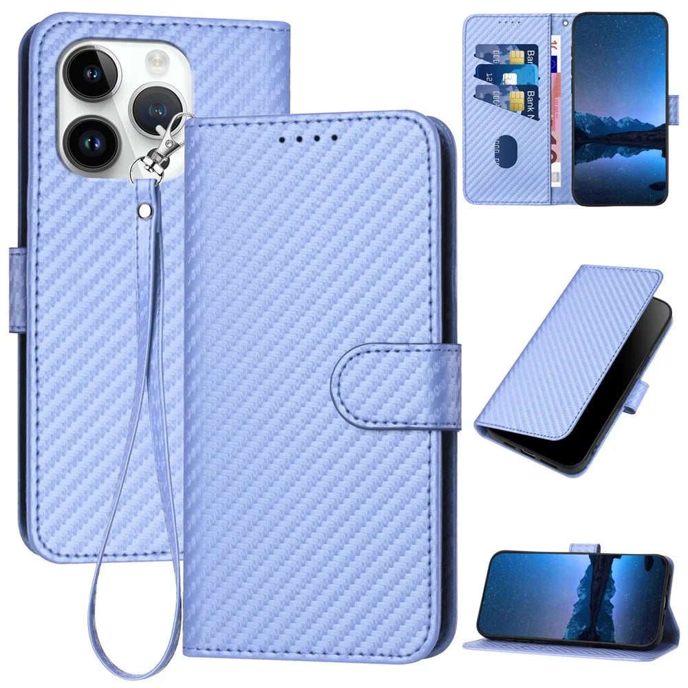 YX0070 For iPhone 15 Pro Max Wallet Case Carbon Fiber Texture Leather Phone Cover - Light Purple - 1