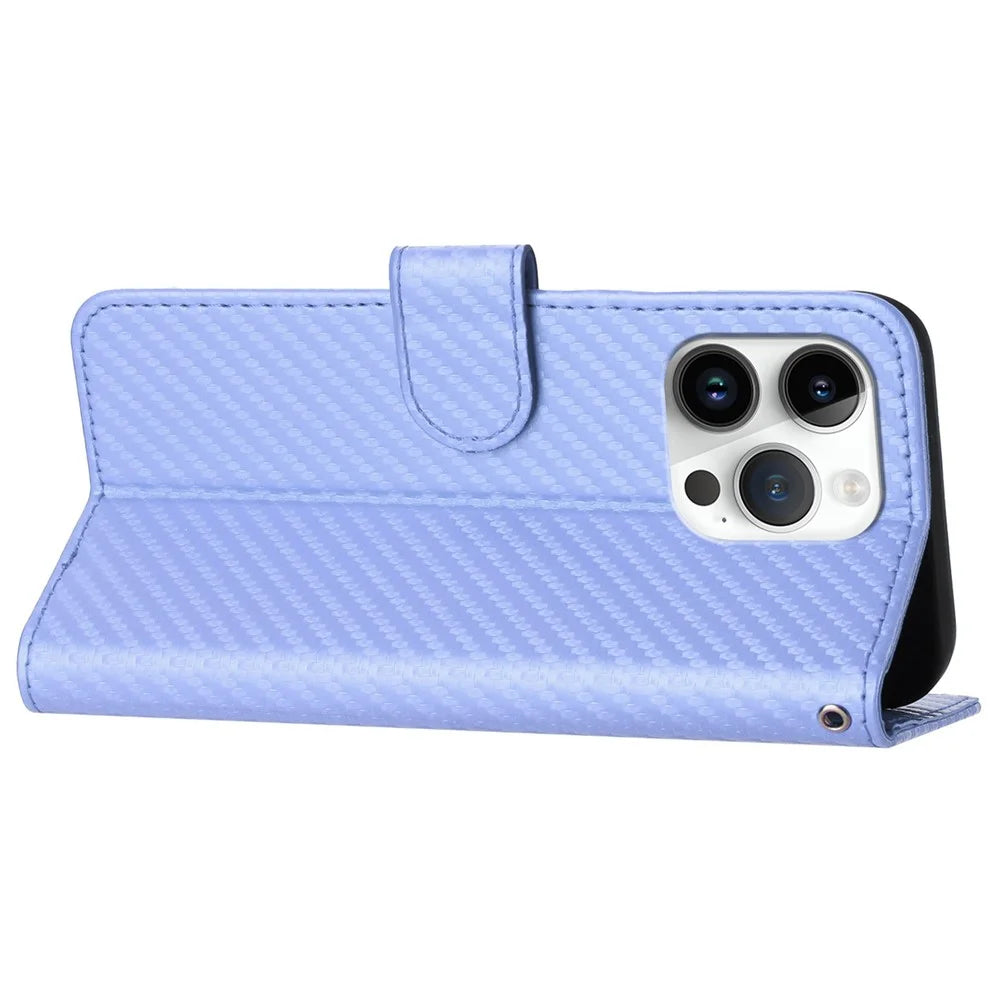 YX0070 For iPhone 15 Pro Max Wallet Case Carbon Fiber Texture Leather Phone Cover - Light Purple - 4