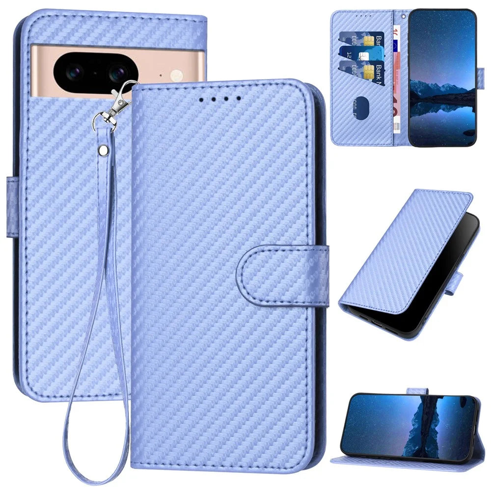 YX0070 For Google Pixel 8a Case Carbon Fiber Texture Shockproof Leather Phone Cover with Wallet - Light Purple - 1