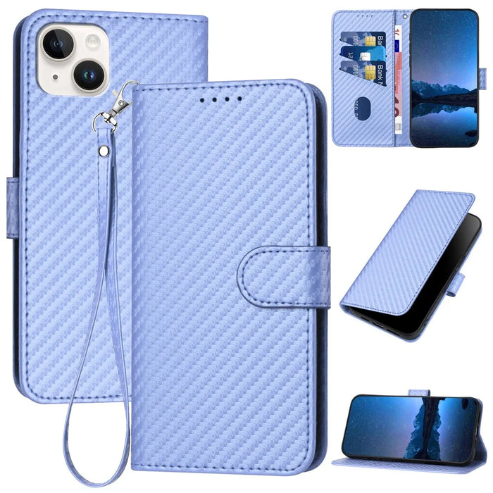 YX0070 For iPhone 15 Plus Case Carbon Fiber Texture Full Protection Leather Wallet Phone Cover - Light Purple - 1