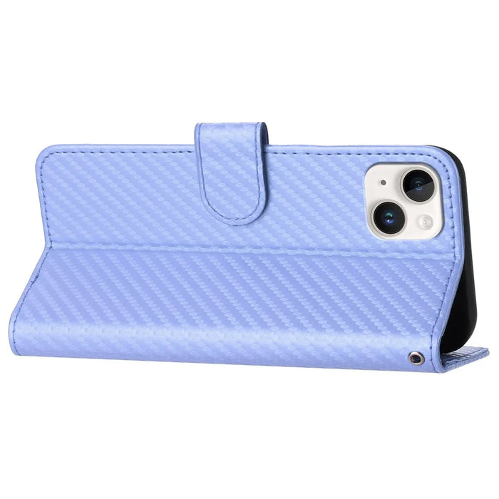 YX0070 For iPhone 15 Plus Case Carbon Fiber Texture Full Protection Leather Wallet Phone Cover - Light Purple - 4
