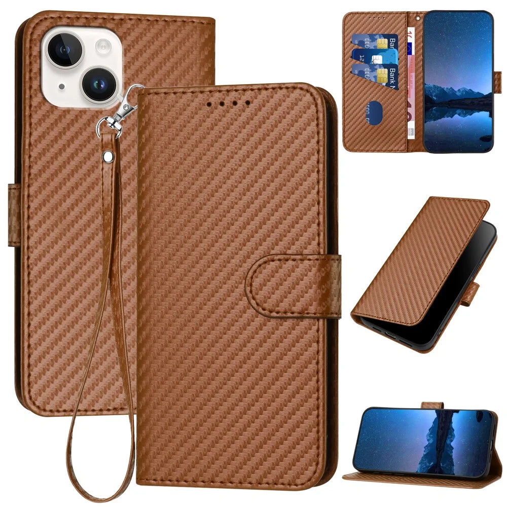 YX0070 For iPhone 15 Case PU Leather Carbon Fiber Texture Phone Cover   - Coffee - 1