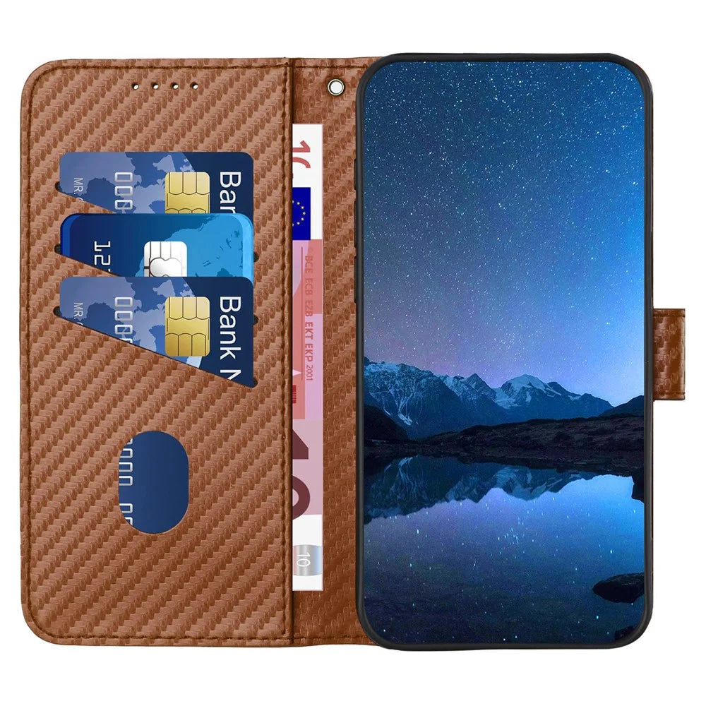 YX0070 For iPhone 15 Case PU Leather Carbon Fiber Texture Phone Cover   - Coffee - 2