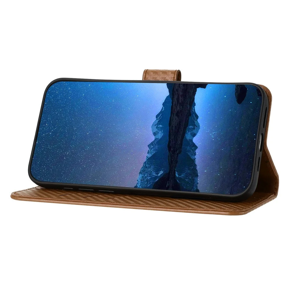 YX0070 For iPhone 15 Case PU Leather Carbon Fiber Texture Phone Cover   - Coffee - 3