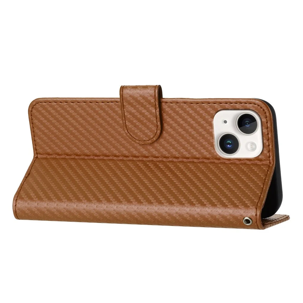 YX0070 For iPhone 15 Case PU Leather Carbon Fiber Texture Phone Cover   - Coffee - 4