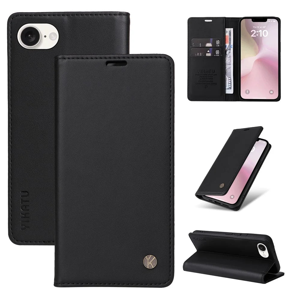 YIKATU YK-001 For iPhone 17e / 16e Case Stand Wallet PU Leather Phone Cover - Black - 6