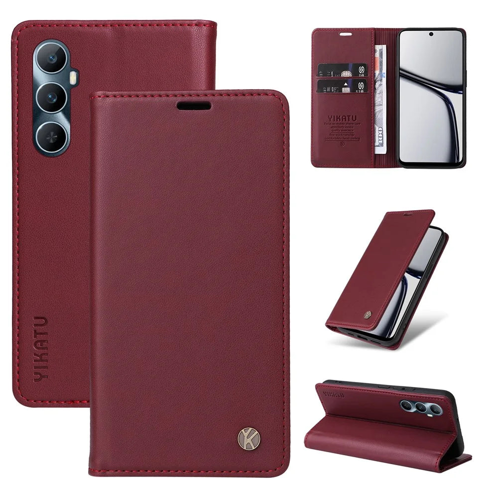 YIKATU YK-001 For Realme C65 4G Case Anti-Scratch Leather Wallet Phone Cover - Wine Red - 6