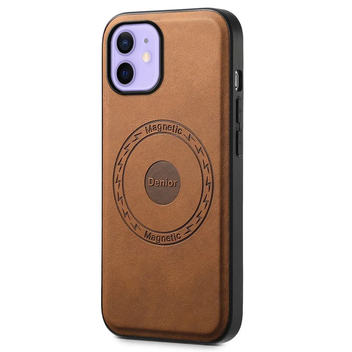 DENIOR A11 For iPhone 12 / 12 Pro Magnetic Case Retro PU+PC+TPU Shockproof Phone Cover - Brown - 1