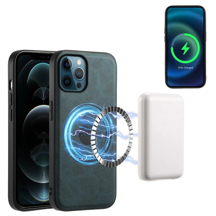 DENIOR A11 For iPhone 12 Pro Max Case Retro PU+PC+TPU Phone Cover Compatible with MagSafe - Blue - 2