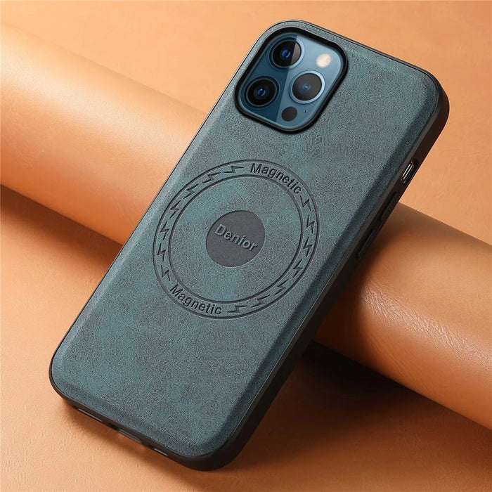 DENIOR A11 For iPhone 12 Pro Max Case Retro PU+PC+TPU Phone Cover Compatible with MagSafe - Blue - 5