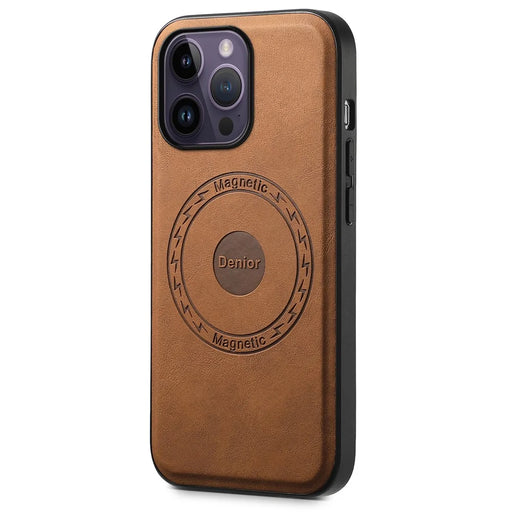 DENIOR A11 For iPhone 14 Pro Magnetic Phone Case Retro PU+PC+TPU Shockproof Cover - Brown - 1