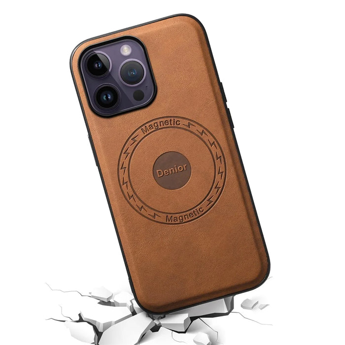 DENIOR A11 For iPhone 14 Pro Magnetic Phone Case Retro PU+PC+TPU Shockproof Cover - Brown - 3