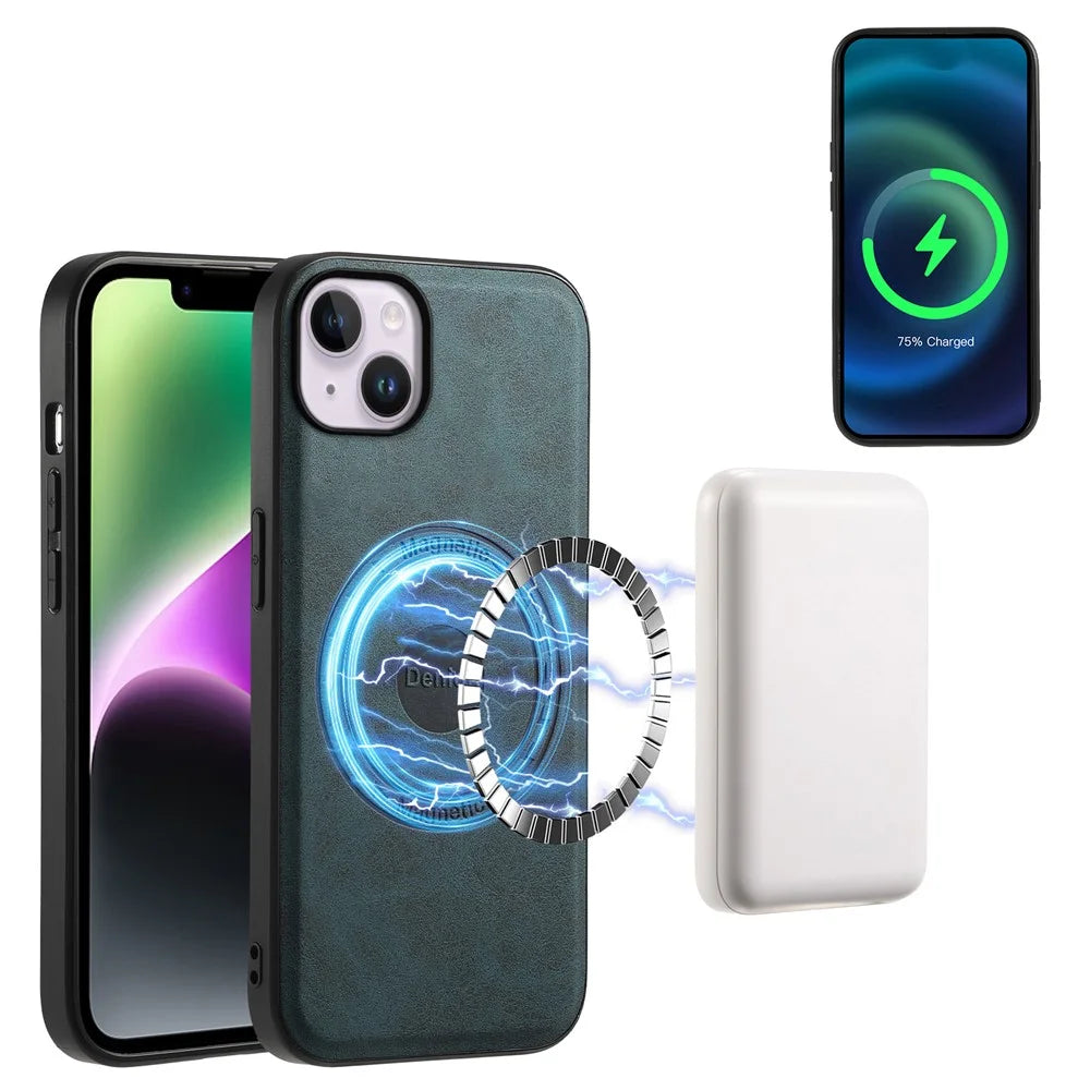 DENIOR A11 For iPhone 14 Plus Case Retro PU+PC+TPU Phone Cover Compatible with MagSafe - Blue - 2