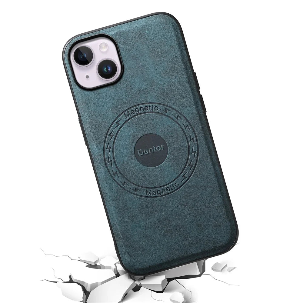 DENIOR A11 For iPhone 14 Plus Case Retro PU+PC+TPU Phone Cover Compatible with MagSafe - Blue - 4