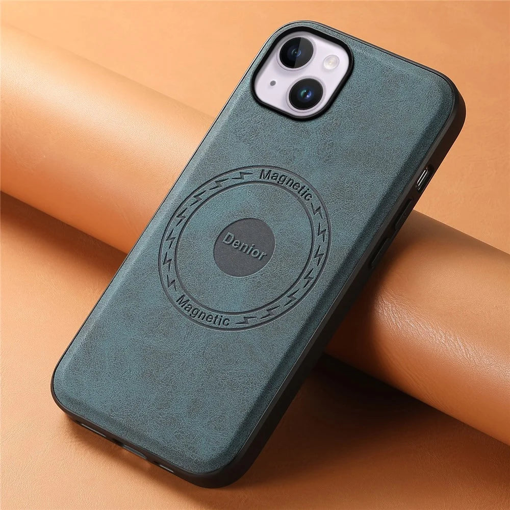 DENIOR A11 For iPhone 14 Plus Case Retro PU+PC+TPU Phone Cover Compatible with MagSafe - Blue - 5