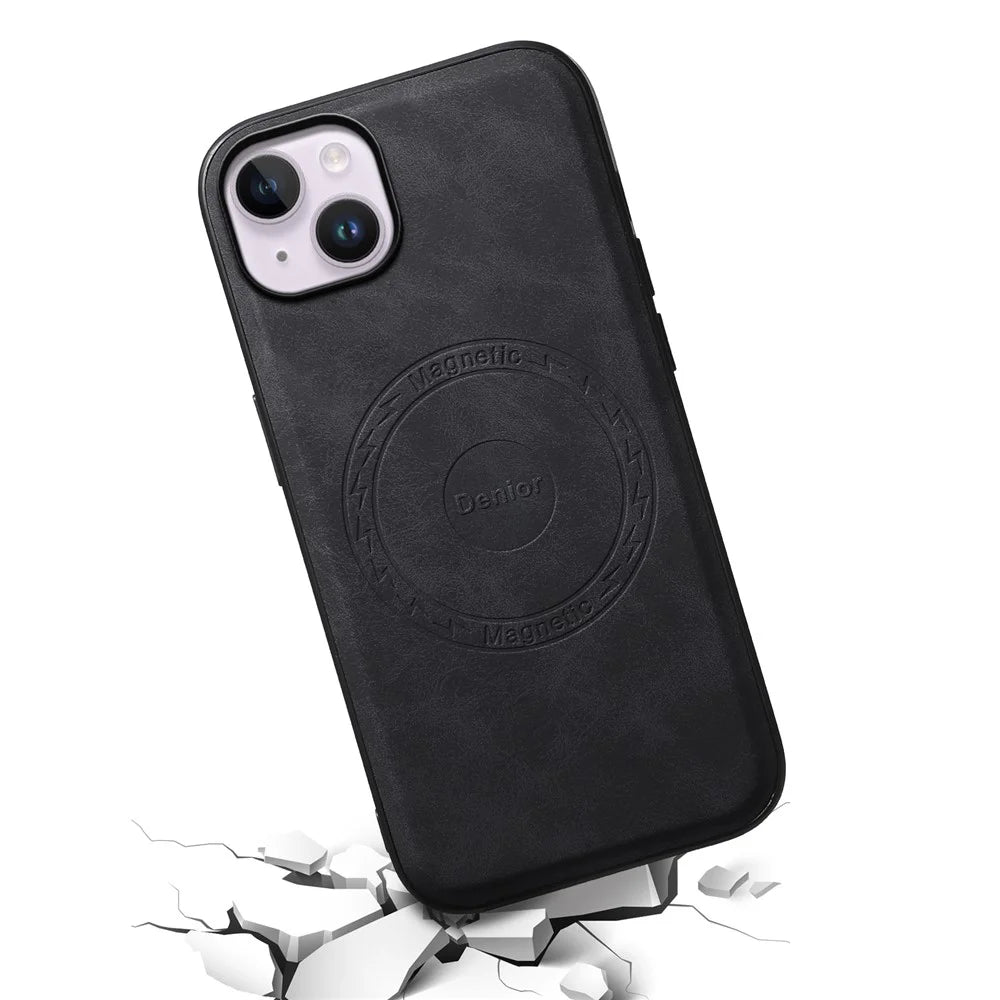 DENIOR A11 For iPhone 13 / 14 Magnetic Case Retro Leather Coated PC+TPU Anti-Scratch Cover - Black - 4