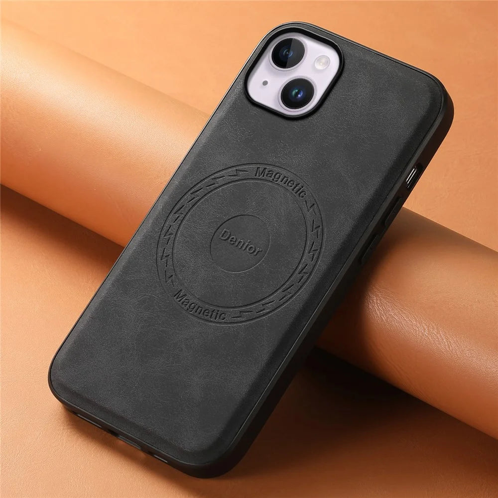 DENIOR A11 For iPhone 13 / 14 Magnetic Case Retro Leather Coated PC+TPU Anti-Scratch Cover - Black - 5