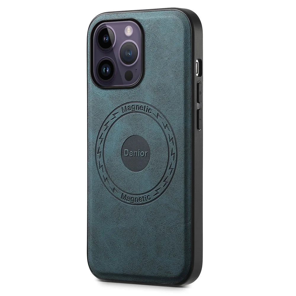 DENIOR A11 For iPhone 14 Pro Max Magnetic Case Retro Leather+ PC+TPU Protective Phone Cover - Blue - 1