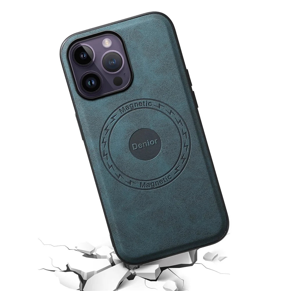 DENIOR A11 For iPhone 14 Pro Max Magnetic Case Retro Leather+ PC+TPU Protective Phone Cover - Blue - 3