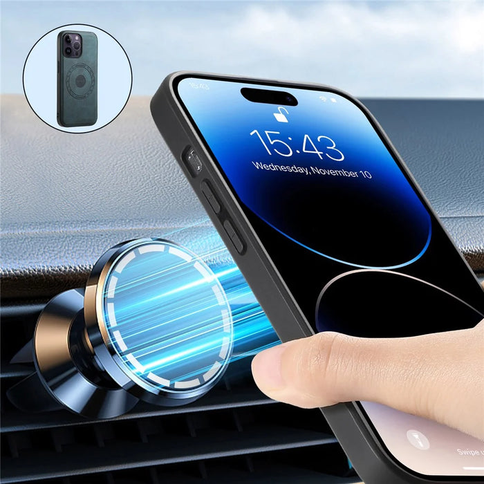 DENIOR A11 For iPhone 14 Pro Max Magnetic Case Retro Leather+ PC+TPU Protective Phone Cover - Blue - 4