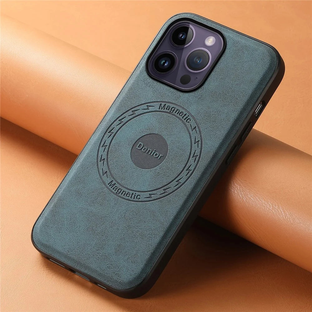 DENIOR A11 For iPhone 14 Pro Max Magnetic Case Retro Leather+ PC+TPU Protective Phone Cover - Blue - 5