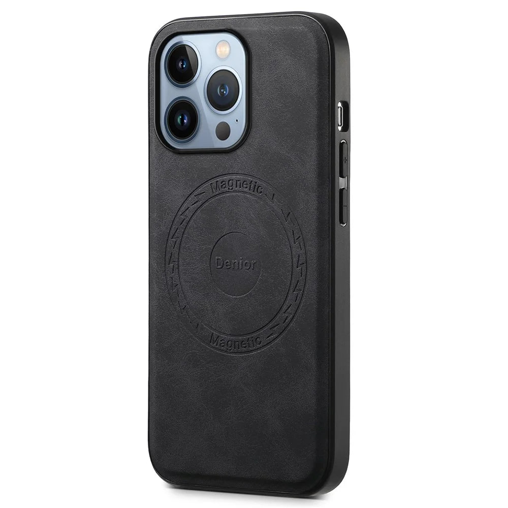 DENIOR A11 For iPhone 13 Pro Case Retro Leather+ PC+TPU Magnetic Phone Cover - Black - 1