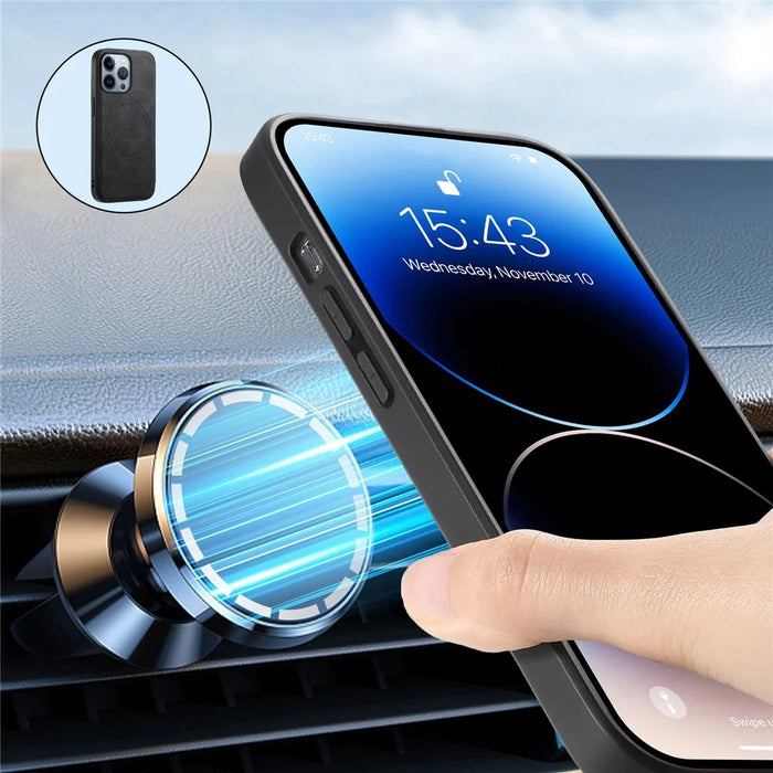 DENIOR A11 For iPhone 13 Pro Case Retro Leather+ PC+TPU Magnetic Phone Cover - Black - 3