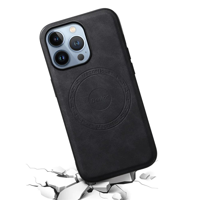 DENIOR A11 For iPhone 13 Pro Case Retro Leather+ PC+TPU Magnetic Phone Cover - Black - 4
