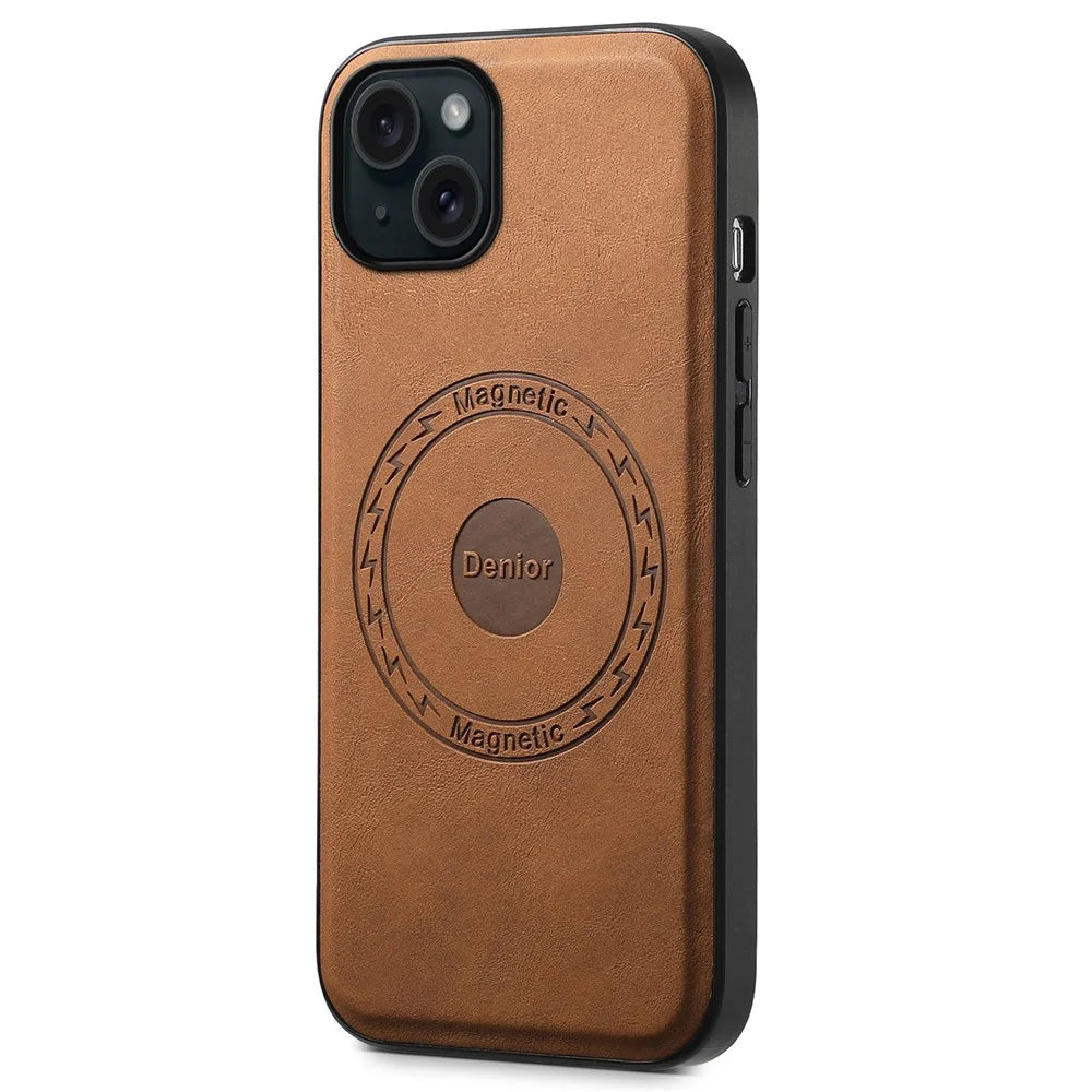 DENIOR A11 For iPhone 15 Plus Case Compatible with MagSafe Leather Coated PC+TPU Phone Cover - Brown - 1
