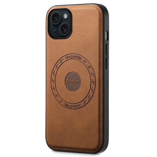 DENIOR A11 For iPhone 15 Plus Case Compatible with MagSafe Leather Coated PC+TPU Phone Cover - Brown - 1