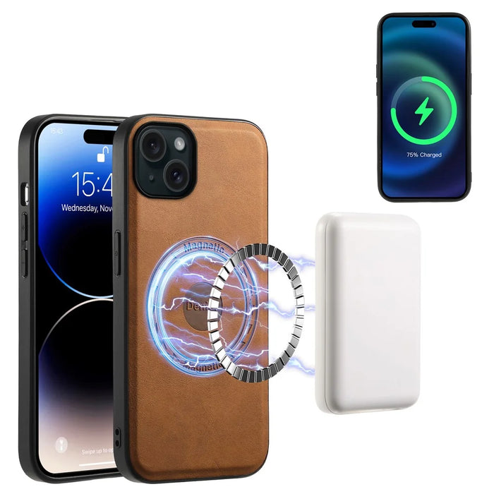 DENIOR A11 For iPhone 15 Plus Case Compatible with MagSafe Leather Coated PC+TPU Phone Cover - Brown - 2