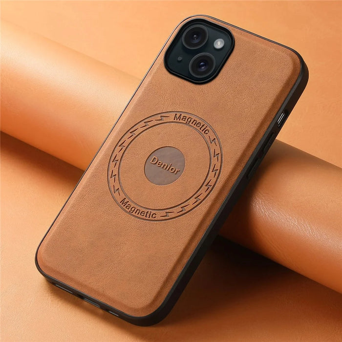DENIOR A11 For iPhone 15 Plus Case Compatible with MagSafe Leather Coated PC+TPU Phone Cover - Brown - 5